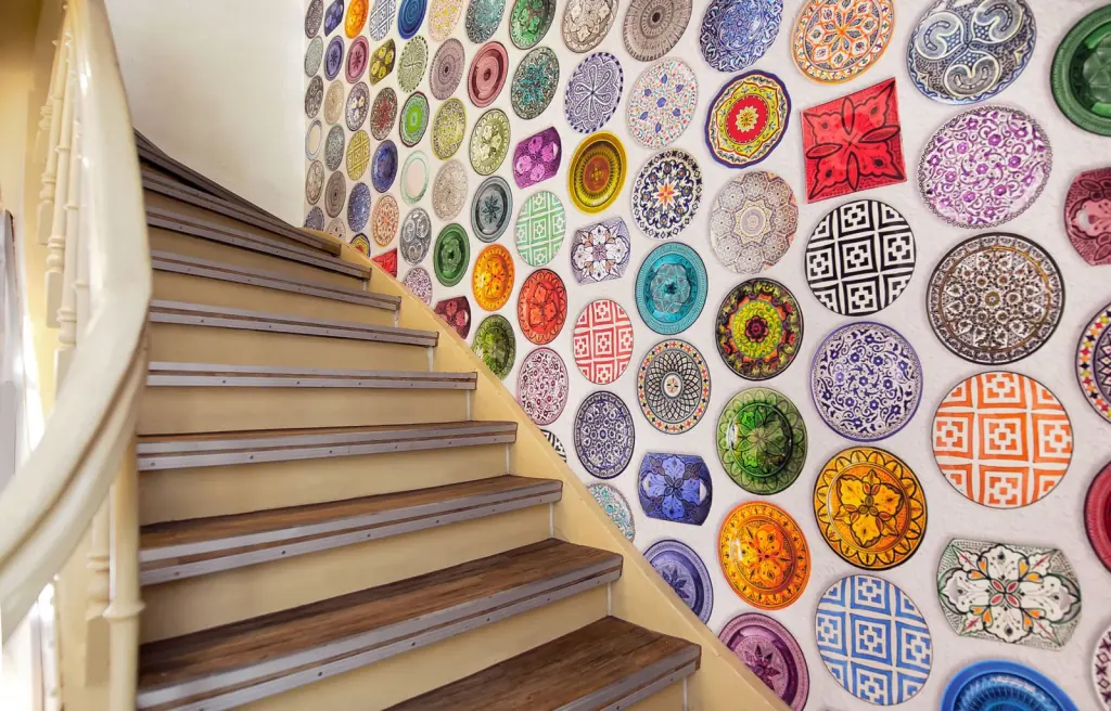 Staircase with colourful wall design